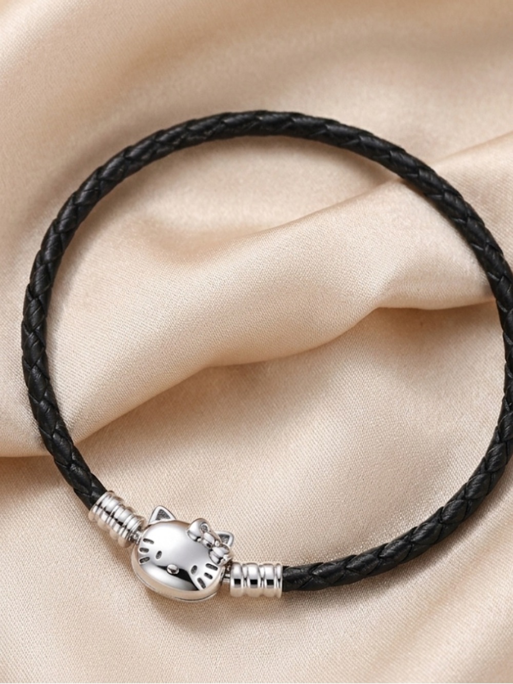 Silver Cat Charm Black Braided Leather Bracelet